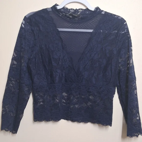 Guess Y2K Lace Sheer Top Blue Large Crop Fairy Feminine Delicate - Picture 3 of 11